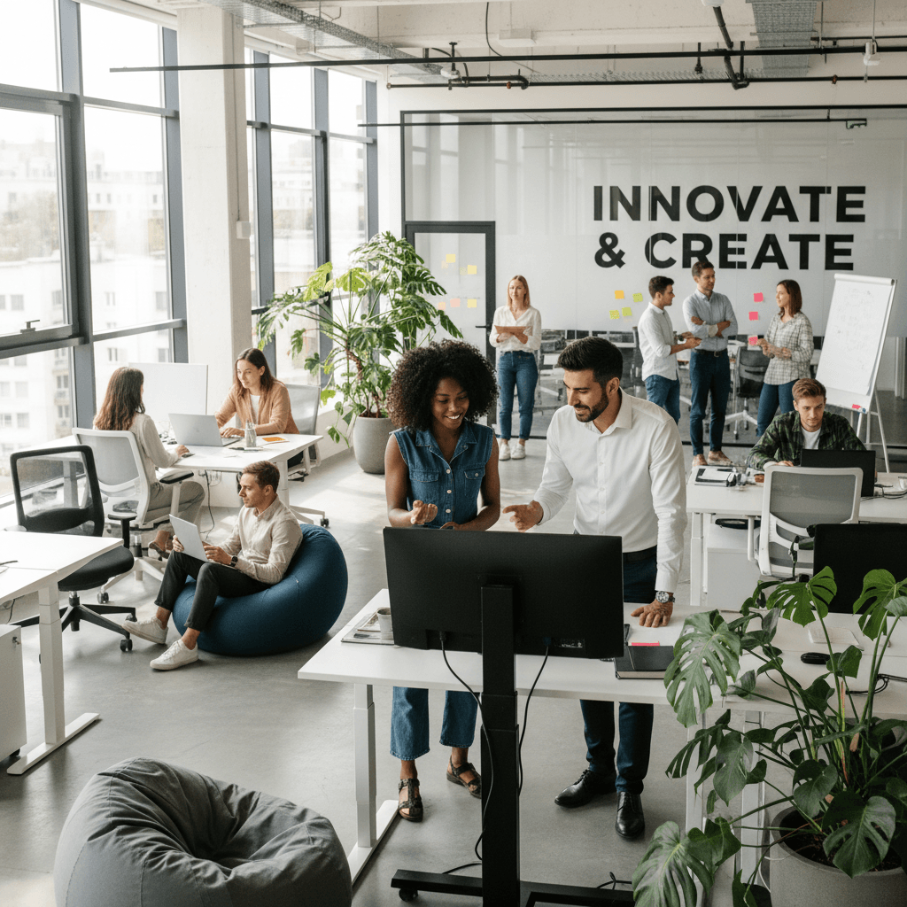 A bright, energetic lifestyle aesthetic wide shot of a diverse team of young tech professionals in a modern open office