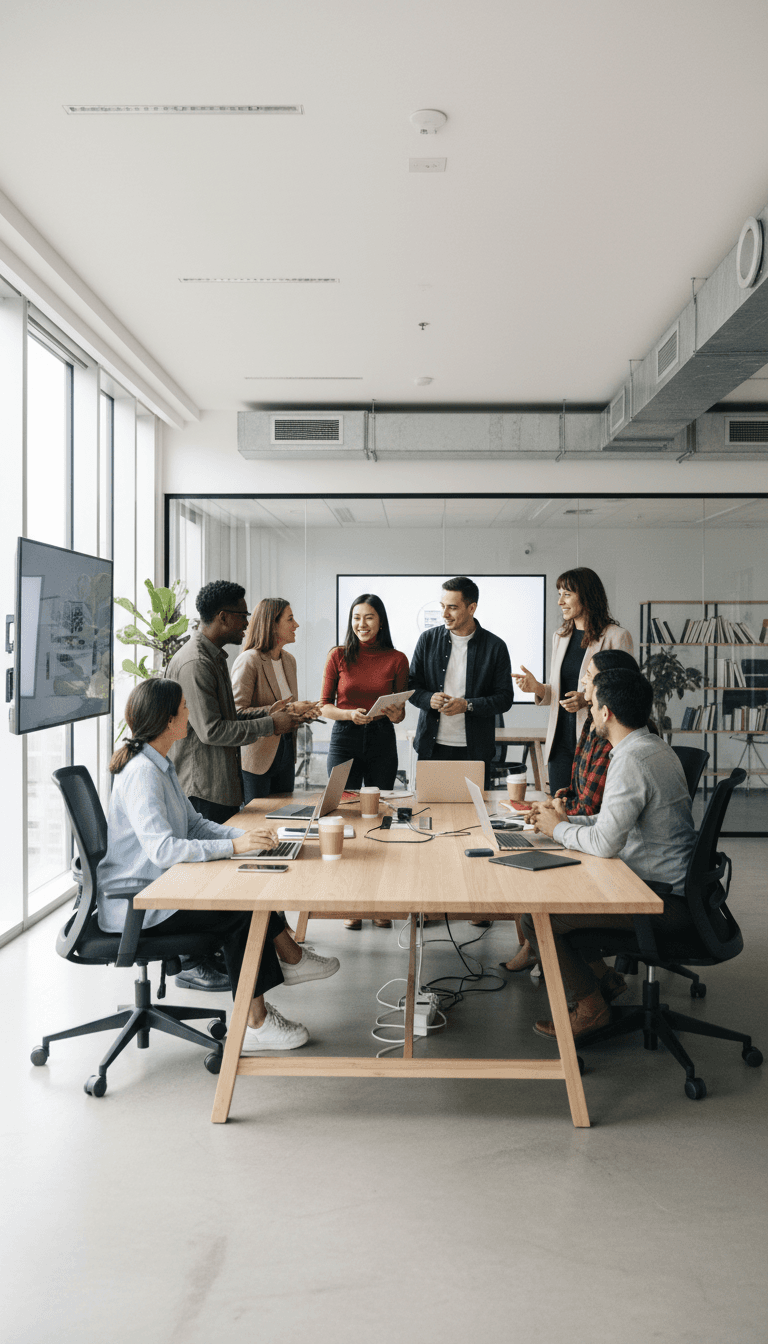 Diverse team of young tech professionals collaborating in a modern open office.